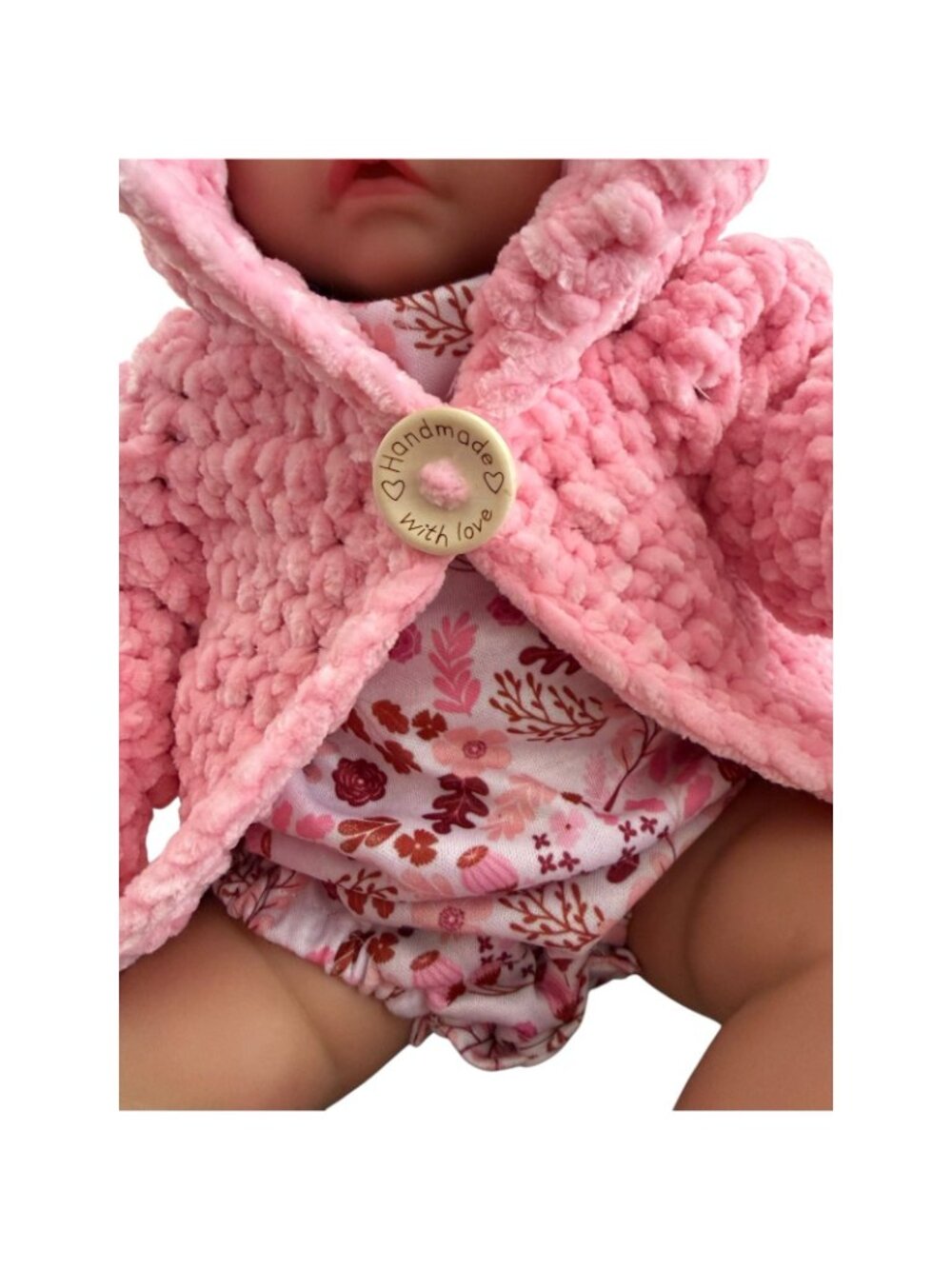 Handmade Pink Chenille Newborn Baby Hoodie & Booties Set Bear Ears Soft Plush - Picture 7 of 16